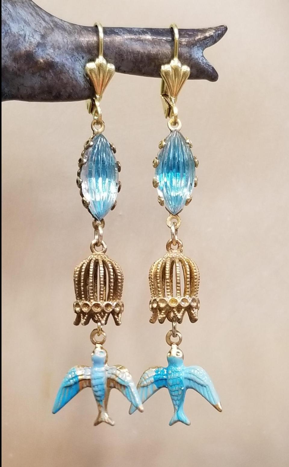 Bird Cage and Bluebird Earrings