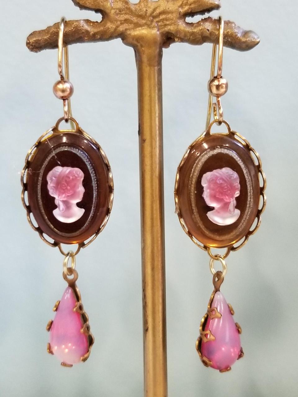 Pearlescent Pink and Amber Cameo Earrings