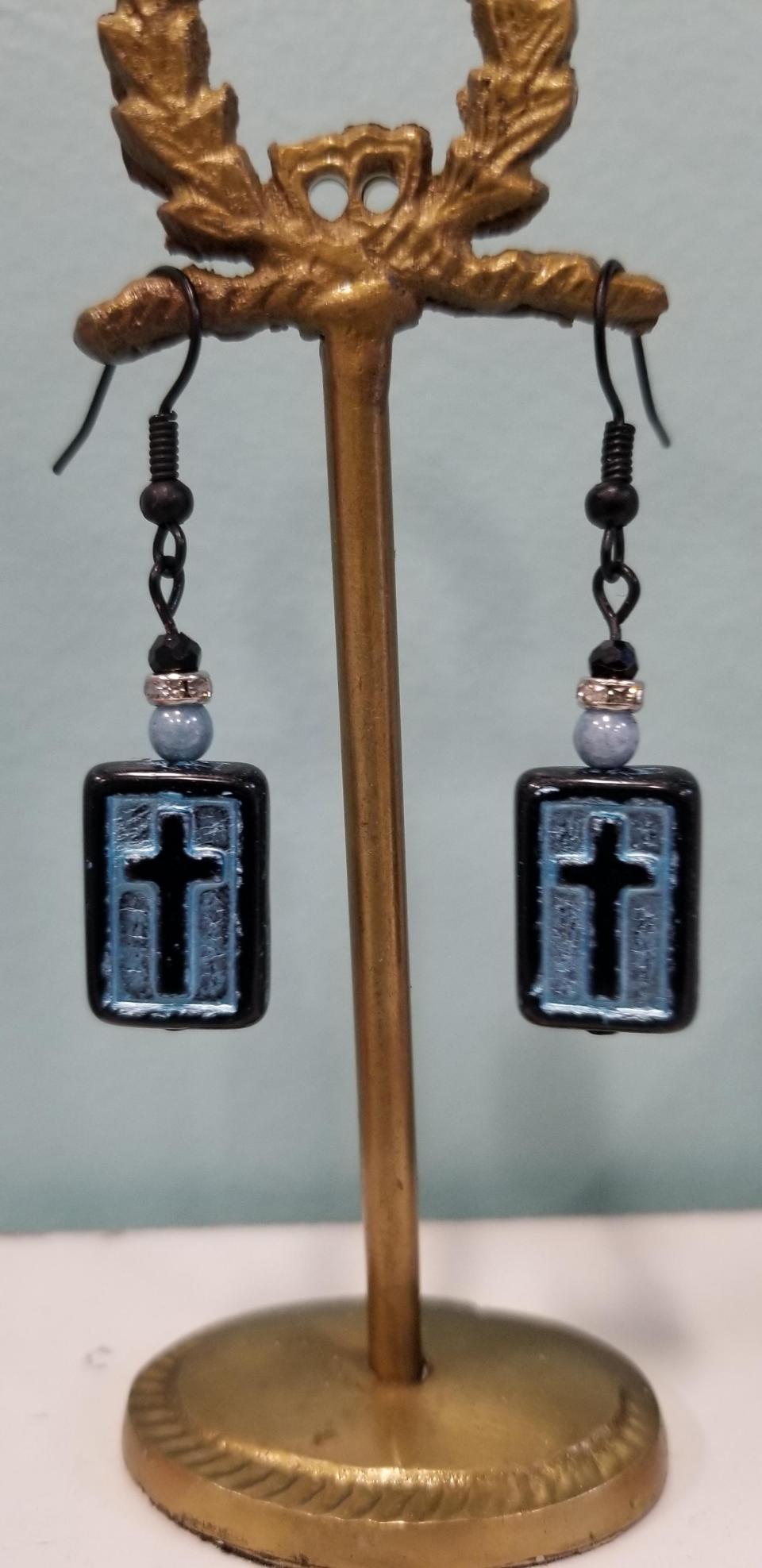 Black and Blue Glass Cross Earrings - Image 3