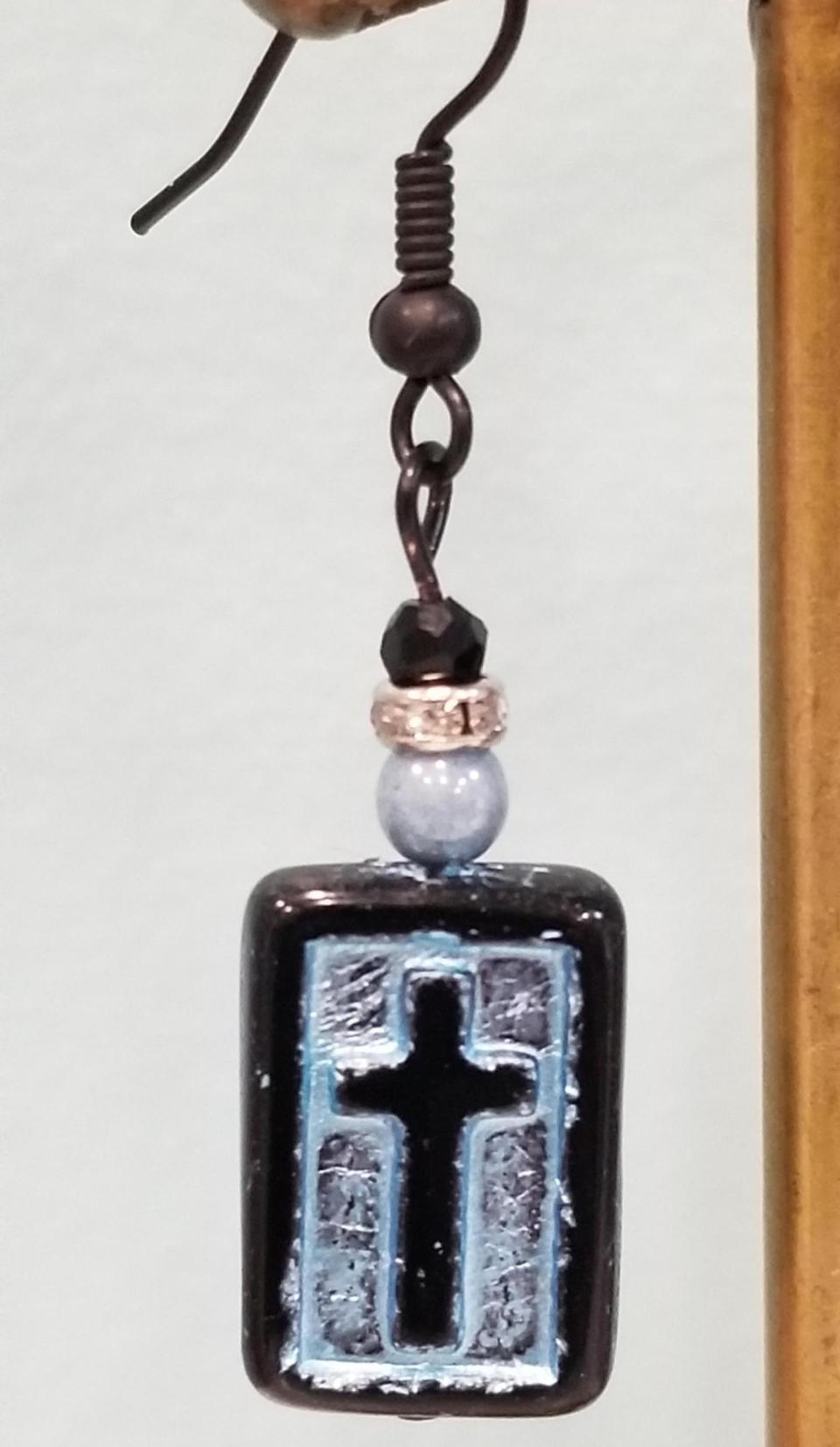 Black and Blue Glass Cross Earrings - Image 2
