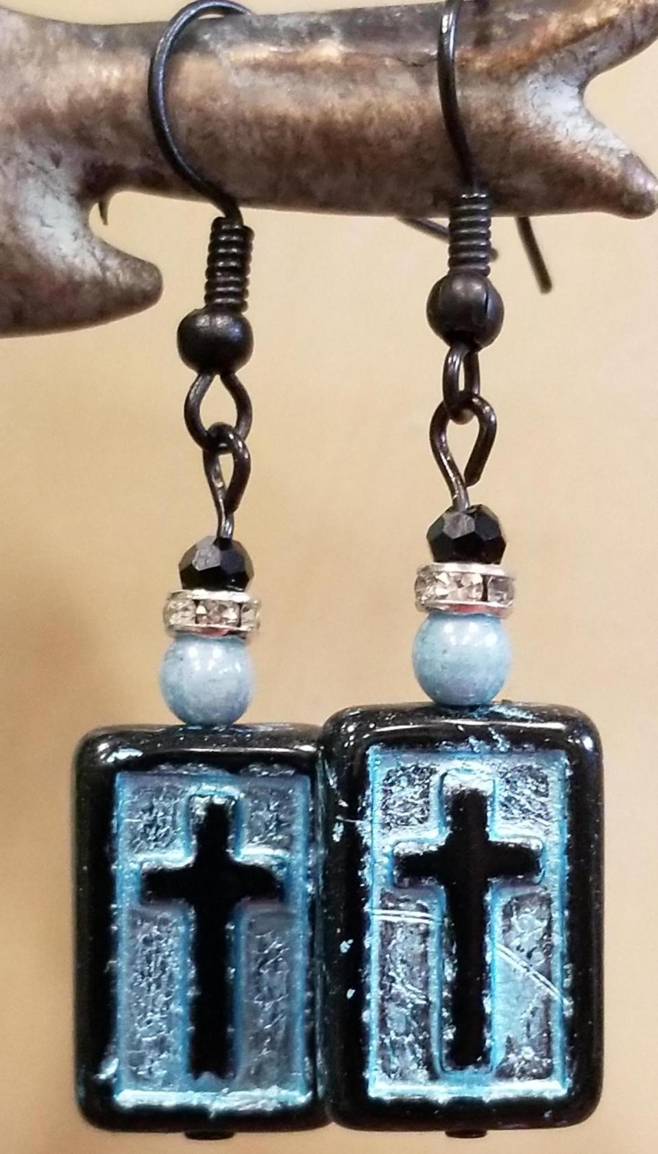 Black and Blue Glass Cross Earrings
