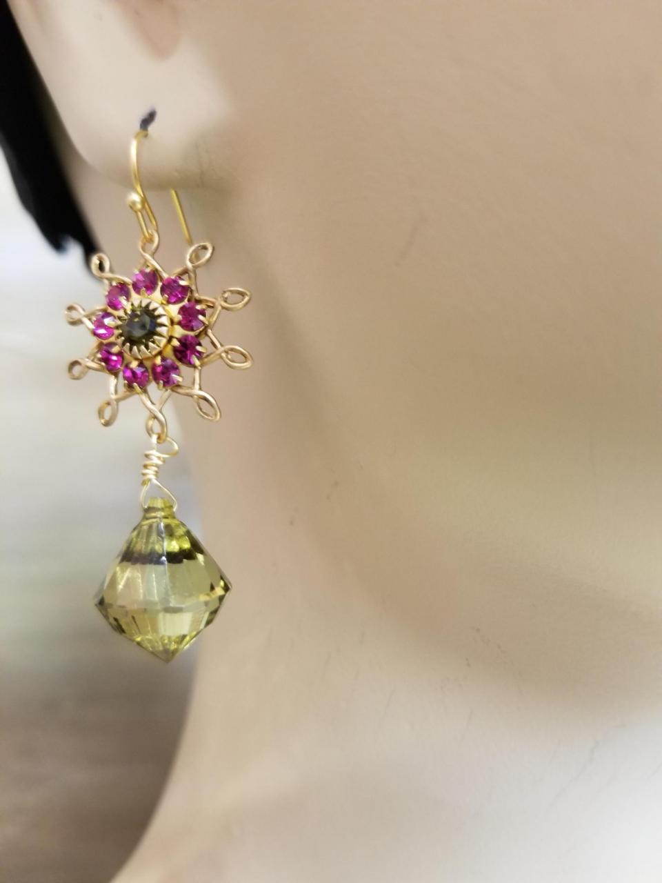 Magenta and Olive Flower Burst Dangle Earrings - Image 4