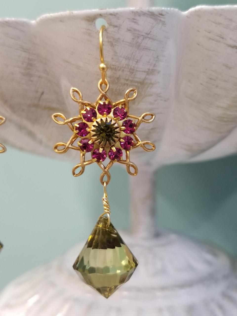 Magenta and Olive Flower Burst Dangle Earrings - Image 2
