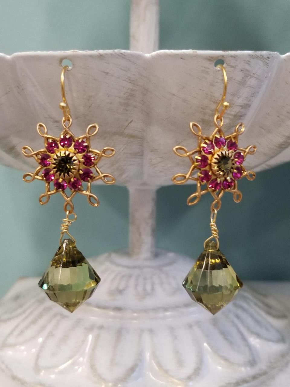 Magenta and Olive Flower Burst Dangle Earrings - Image 3