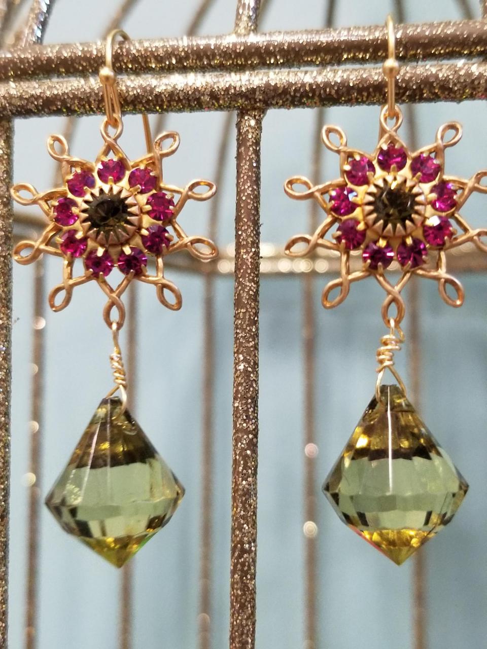 Magenta and Olive Flower Burst Dangle Earrings