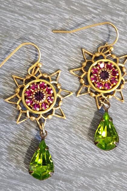 Magenta and Olive Flower Burst Dangle Earrings