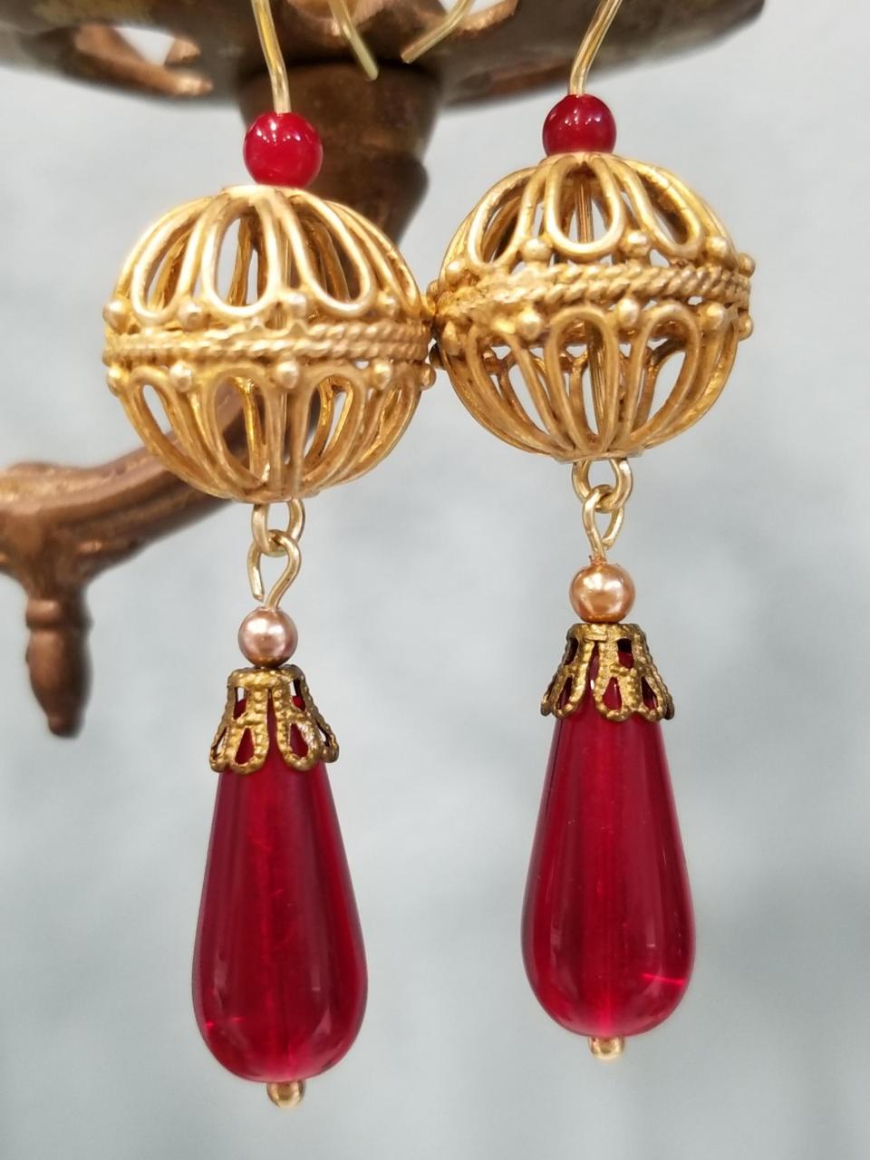 Caged Sphere Garnet Drop Earrings - Image 2