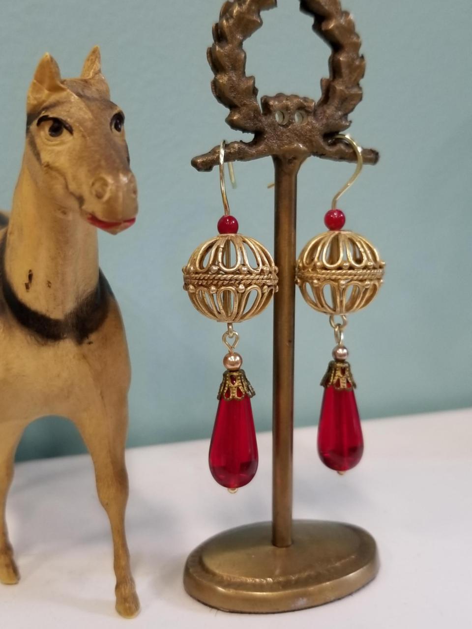 Caged Sphere Garnet Drop Earrings