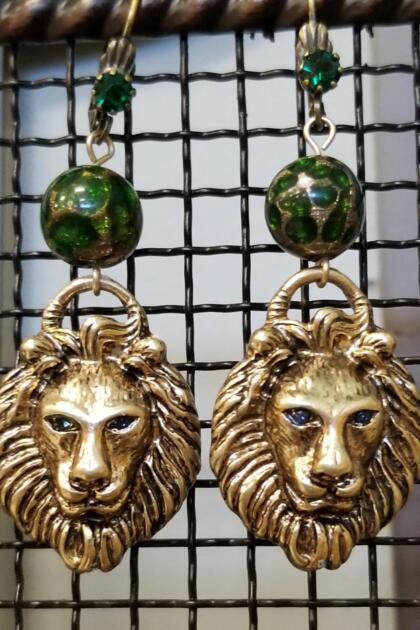 The Emerald Lion Head Dangle Earrings