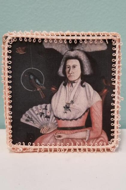 Folk Art Painting of Lady with Feather Bunny Ear Bonnet and Bird Decorative Box