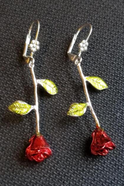 Long Stem Red Roses Earrings- Silver Toned (LARGER VERSION)
