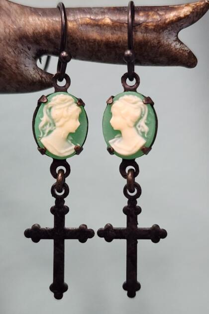 Mint Green Lady Cameo Earrings with Black Cross