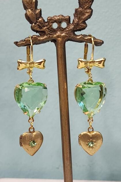 Green Crystal Heart and Tiny Brass Locket Earrings