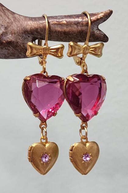 Pink Crystal Heart and Tiny Brass Locket Earrings