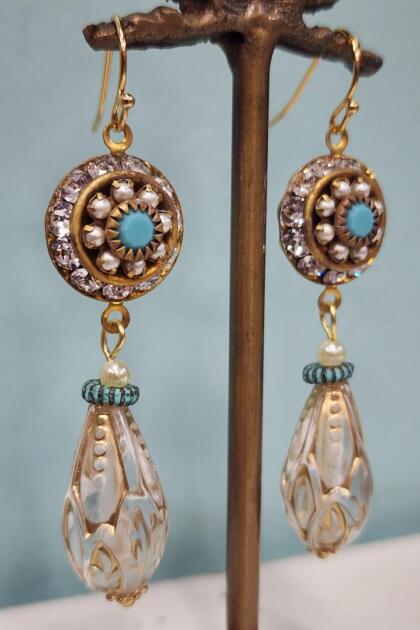Turquoise and Pearl Domed Disc Earrings