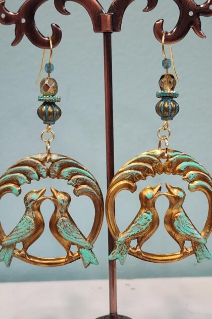 Verdigris Brass Love Birds Earrings
