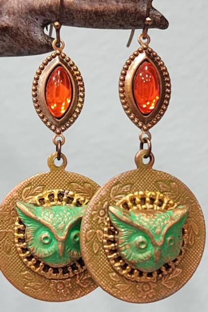 Verdigris Owl and Tangerine Earrings