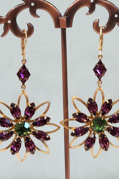 Purple and Green LARGE Flower Earrings