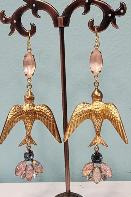 Brass Sparrow and Fire Opal Earrings