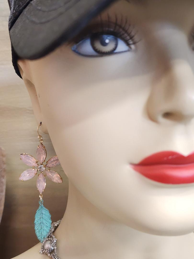 Ballet Pink Flower and Verdigris Leaf Earrings - Image 2