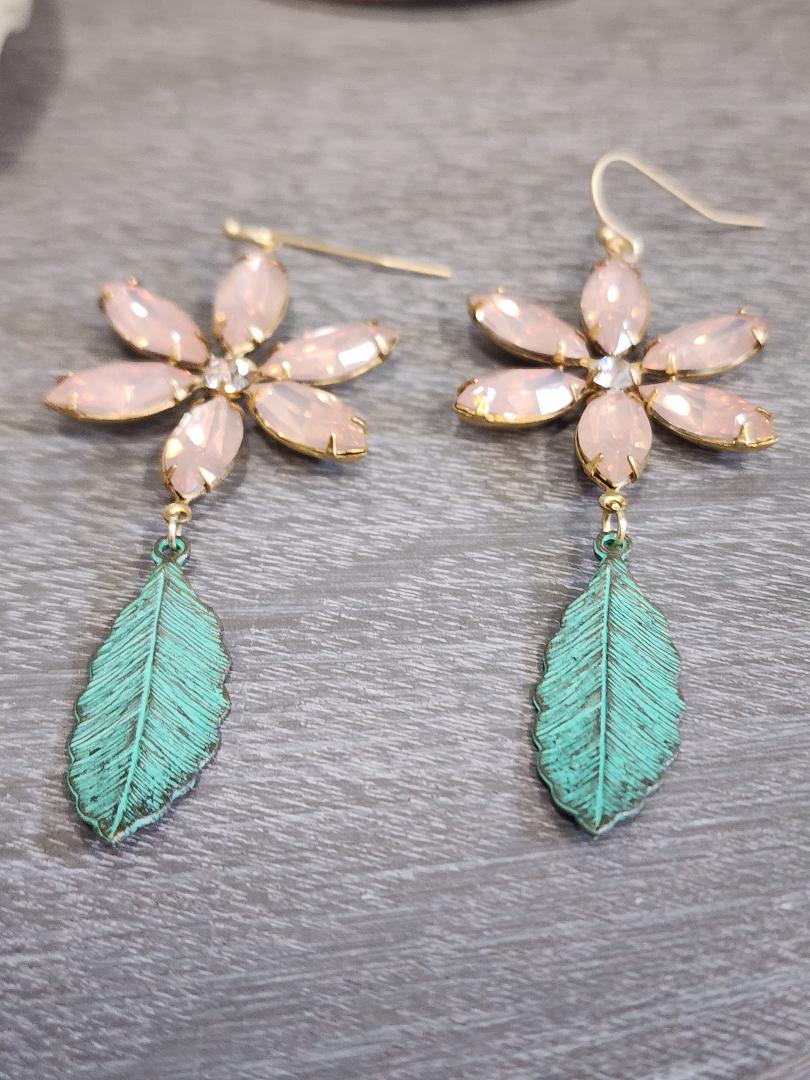 Ballet Pink Flower and Verdigris Leaf Earrings - Image 5