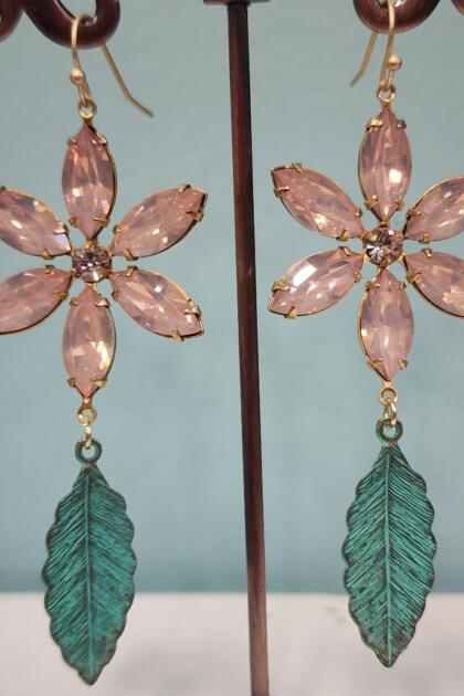 Ballet Pink Flower and Verdigris Leaf Earrings