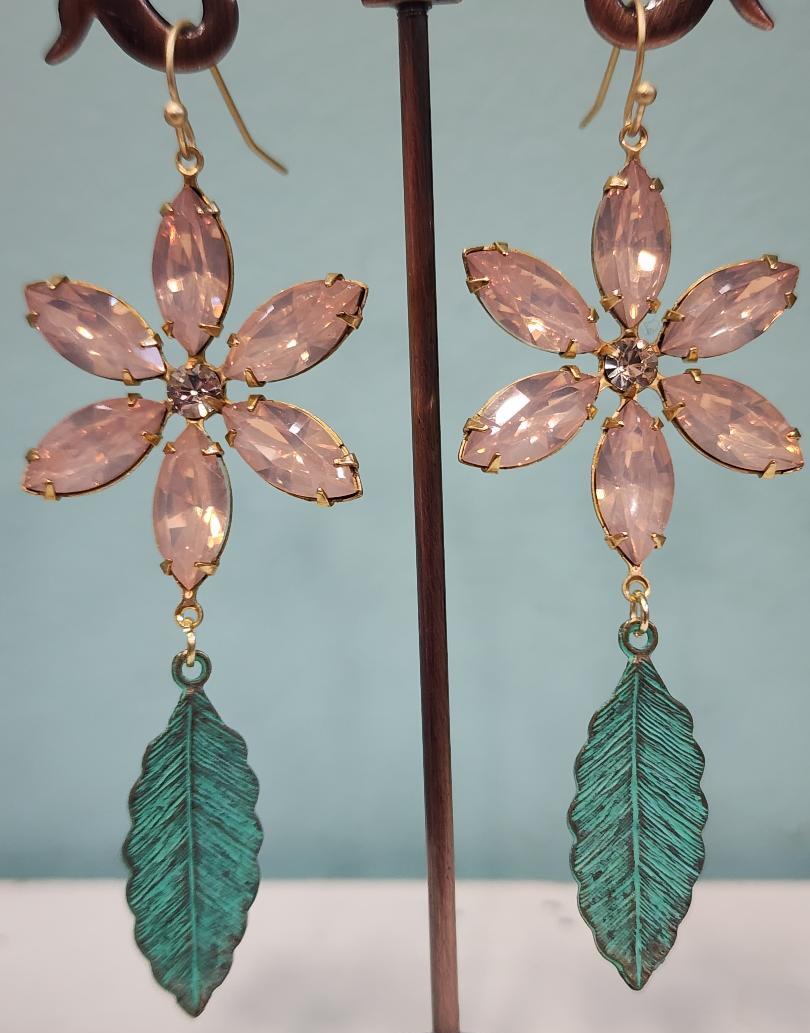 Ballet Pink Flower and Verdigris Leaf Earrings