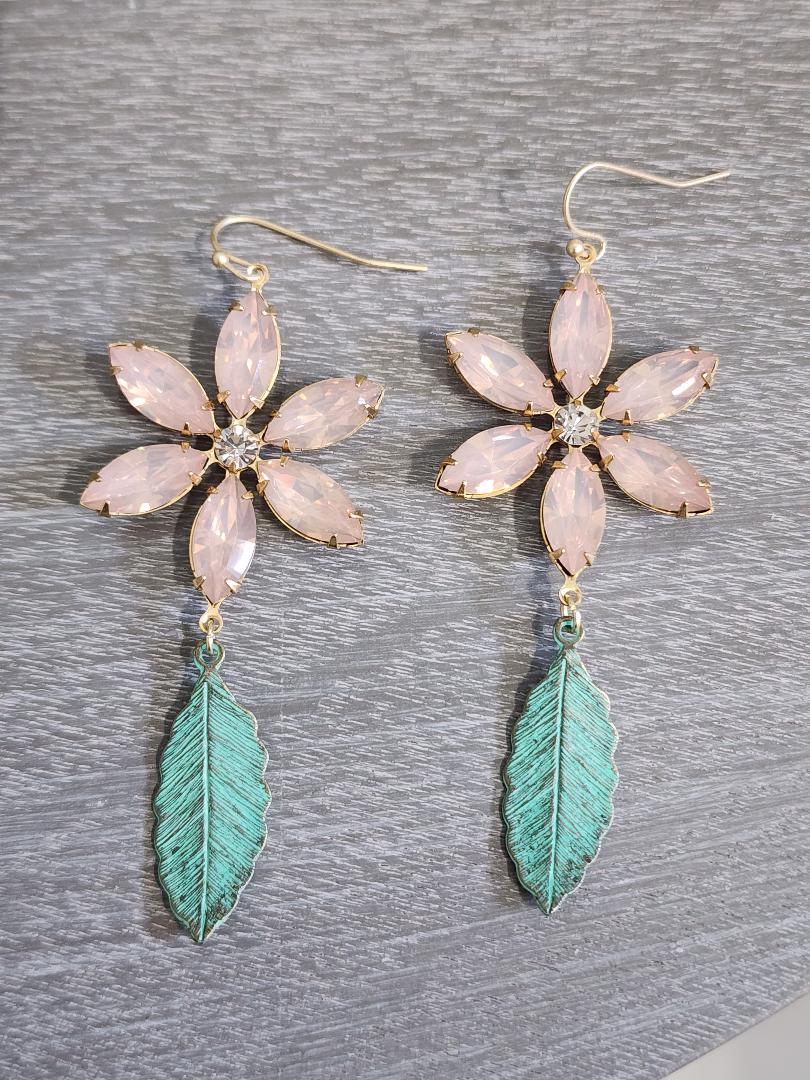 Ballet Pink Flower and Verdigris Leaf Earrings - Image 3