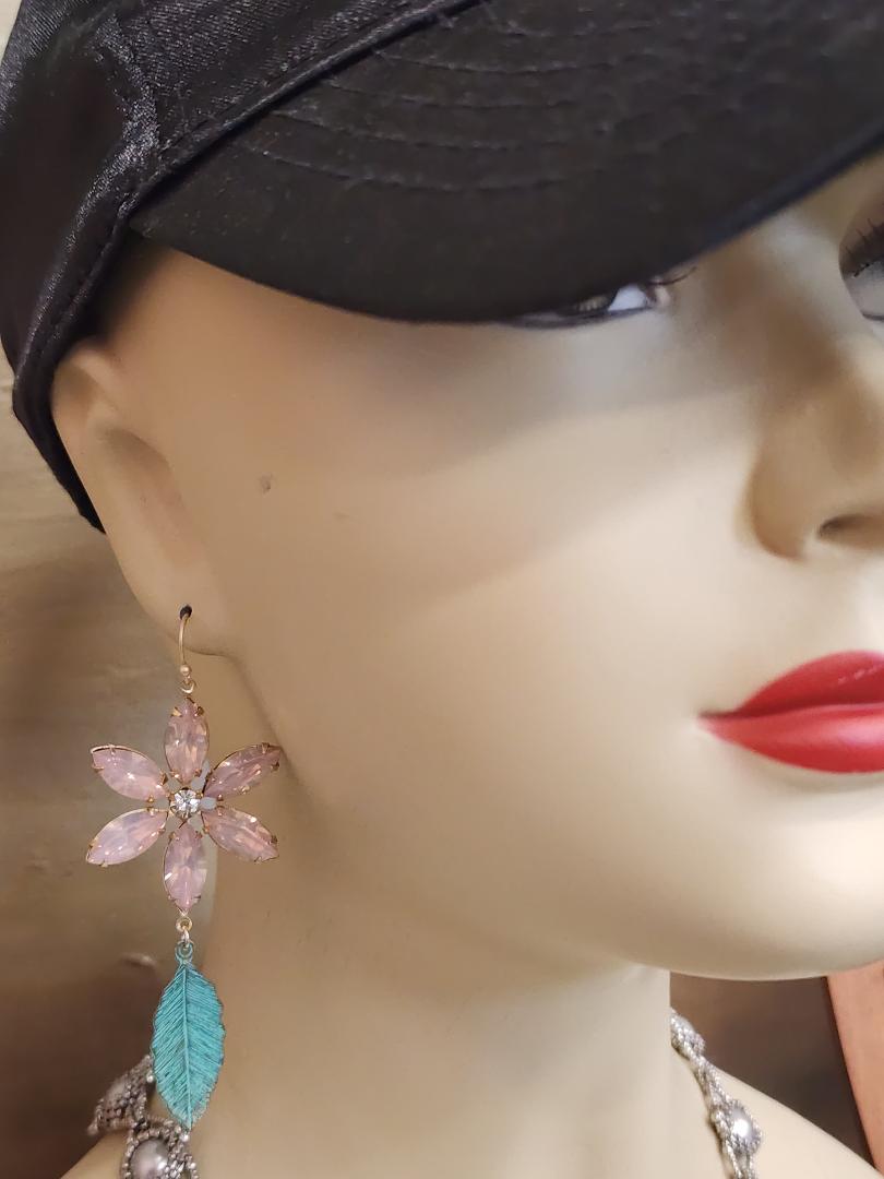 Ballet Pink Flower and Verdigris Leaf Earrings - Image 4